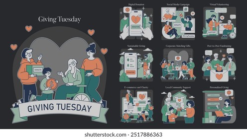 Giving Tuesday set. Illustration highlighting various aspects of charitable actions. Representing donation, social media campaigns, volunteering, corporate gifts, and community support. Vector