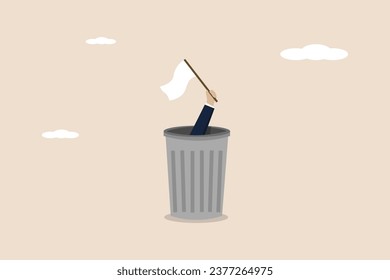Giving up, business failure, failed businessman, work mistakes or failed business concept, quitting work or giving up, businessman hand holding a white surrender flag from inside a trash can.