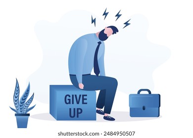 Giving up, business failure, failed businessman need help, work mistakes or failure business concept, quitting work, depressed male employee sitting at block with give up sign. vector illustration