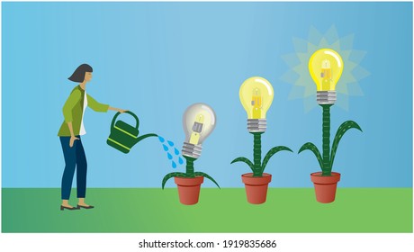 Giving water to growing plats. Dimension 16:9. Vector illustration.