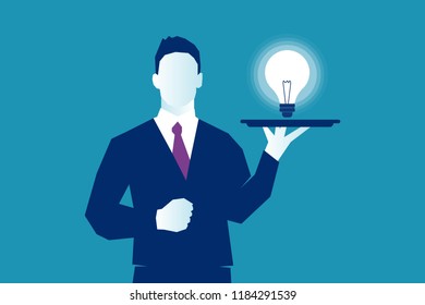 I am giving you a new idea concept. Business man looking at camera holding giving platter with shining light bulb. Eps 10 Vector illustration, Minimalist white blue flat business style modern design.