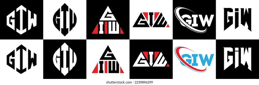 GIW-Brief-Logo-Design in sechs Stilen. GIW Polygon, Kreis, Dreieck, Hexagon, flacher und einfacher Stil mit schwarz-weißem Farbänderungslogo in einem Zeichenbrett. GIW minimalistisches und klassisches Logo