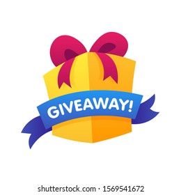 Giweawey Gift box with ribbon on white background. Giveaway enter to win poster template design for social media post or website banner. Vector illustration.
