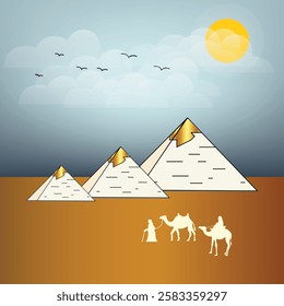 Giza ancient Egyptian pyramids, camels, sunset birds in clouds, illustration art