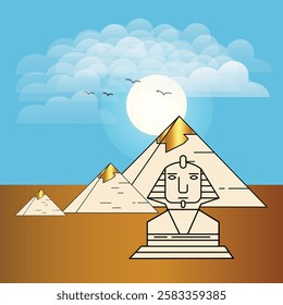 Giza ancient Egyptian pyramids, camels, sunset birds in clouds with blue background, illustration art