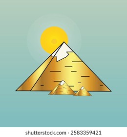 Giza ancient Egyptian pyramids, golden color, sun in background, illustration art