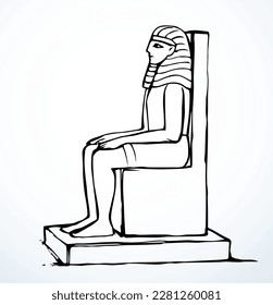 Giza Cairo logo icon sign Luxor palac east Africa Amun city ruin. Outlin hand drawn past deity human ruler head face crown sit chair seat white stone tomb bible artwork cartoon black line sketch style