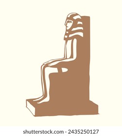 Icono del logo de Giza Cairo signo del palacio de Luxor al este de África Ruina de la ciudad de Amón. Esbozo dibujado a mano pasado deidad humana cabeza de regla cara corona silla asiento de piedra blanca tumba de la biblia ilustración de dibujos animados línea negra boceto estilo