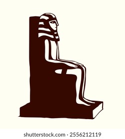 Giza Cairo logo icon sign Luxor palac east Africa Amun city ruin. Outlin hand drawn past deity human ruler head face crown sit chair seat white stone tomb bible artwork cartoon black line sketch style