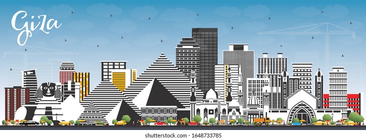 Giza Egypt City Skyline with Gray Buildings and Blue Sky. Vector Illustration. Business Travel and Tourism Concept with Historic Architecture. Giza Cityscape with Famous Landmarks.