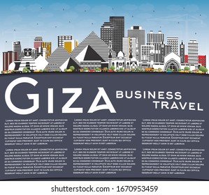 Giza Egypt City Skyline with Gray Buildings, Blue Sky and Copy Space. Vector Illustration. Business Travel and Tourism Concept with Historic Architecture. Giza Cityscape with Famous Landmarks.