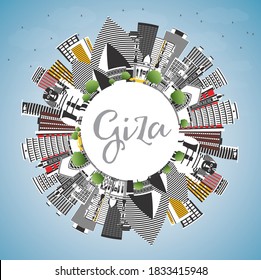 Giza Egypt City Skyline with Gray Buildings, Blue Sky and Copy Space. Vector Illustration. Business Travel and Tourism Concept with Historic Architecture. Giza Cityscape with Famous Landmarks.