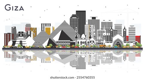 Giza Egypt City Skyline with Gray Buildings and reflections Isolated on White. Vector Illustration. Travel and Tourism Concept with Historic Architecture. Giza Cityscape with Famous Landmarks.