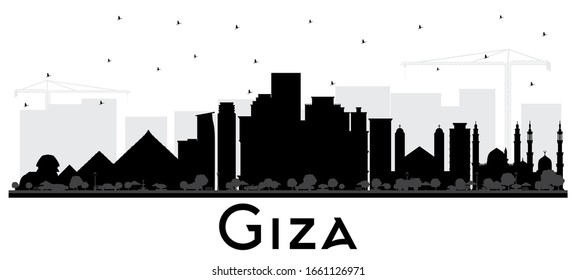 Giza Egypt City Skyline Silhouette with Black Buildings Isolated on White. Vector Illustration. Business Travel and Tourism Concept with Historic Architecture. Giza Cityscape with Famous Landmarks.