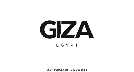 Giza en el emblema de Egipto para impresión y web. El diseño presenta estilo geométrico, ilustración vectorial con tipografía audaz en fuente moderna. Letras de eslogan gráfico aislado sobre fondo blanco.