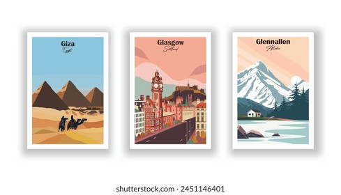 Giza, Egipto, Glasgow, Escocia, Glennallen, Alaska - afiche de viaje de Antiguas. Ilustración vectorial. Impresiones de alta calidad