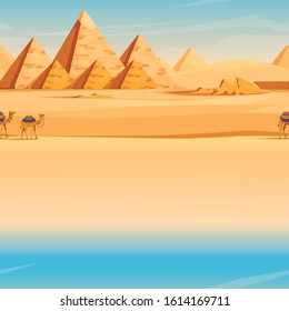 Giza Egyptian Pyramids desert landscape with camels flat vector illustration horizontal image