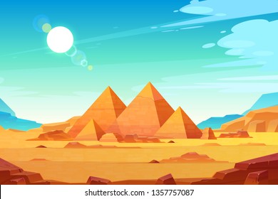Giza plateau landscape with egyptian pharaohs pyramids complex illuminated with bright sunlight cartoon vector background. Ancient historical, famous touristic attractions in african desert