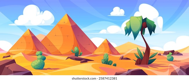 Giza plateau landscape with egyptian pharaohs pyramids complex. Vector desert environment with cactuses, palm tree and stones. Ancient historical, famous tourist attractions in african wasteland