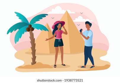 Giza plateau landscape with travelers taking photos selfies. Ancient historical famous touristic attractions in african desert Flat abstract outline cartoon vector illustration concept design isolated