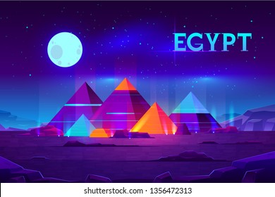 Giza Plateau Nigh Landschaft mit egyptischen Pyramiden Pyramiden Komplex beleuchtet mit Mondlicht Neon Farben Cartoon Vektorhintergrund. Alte historische, berühmte touristische Attraktionen in der afrikanischen Wüste