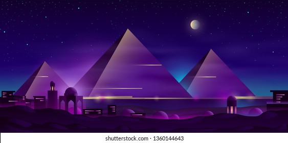 Giza Plateau Nigh Landschaft mit egyptischen Pyramiden Pyramiden Komplex beleuchtet mit Mondlicht Neon Farben Cartoon Vektorhintergrund. Alte historische, berühmte touristische Attraktionen in der afrikanischen Wüste