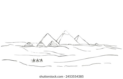 Complejo de pirámides de Giza en Egipto dibujado a mano ilustración, Las tres pirámides principales junto con pirámides subsidiarias, Caravana de camellos con turistas, boceto de Vector