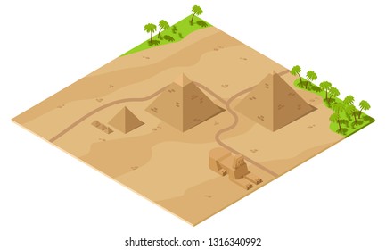 Giza pyramid complex includes the Pyramid of Khufu, Khafre, Menkaure and the Great Sphinx. Isometric vector illustration.