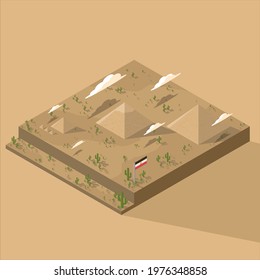 Giza pyramid complex includes the Pyramid of Khufu, Khafre, Menkaure. Isometric vector illustration.