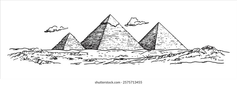 giza pyramids in desert with clouds hand-drawn sketch doodle