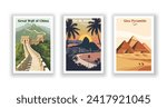Giza Pyramids. Great Wall of China. Rio de Janeiro, Brazil. Vintrage travel poster. Wall Art and Print Set for Hikers, Campers, and Stylish Living Room Decor.