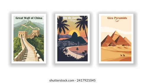 Giza Pyramids. Great Wall of China. Rio de Janeiro, Brazil. Vintrage travel poster. Wall Art and Print Set for Hikers, Campers, and Stylish Living Room Decor.