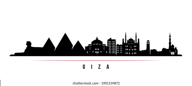 Giza skyline horizontal banner. Black and white silhouette of Giza, Egypt. Vector template for your design. 