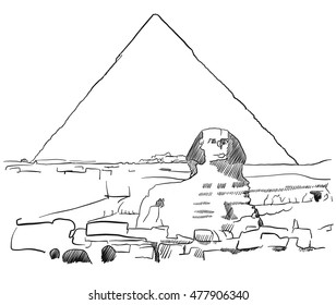 Giza Sphinx with Pyramids sketched, Famous Destination Landmark, Hand drawn Vector Artwork