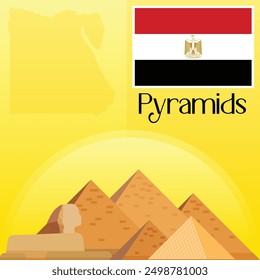 Giza's Pyramids Vector Illustration Clipart, World Famous Places Art, Egypt Map and Flag Vector Art, Wonder of the world, Pharaoh of the Nile River Valley