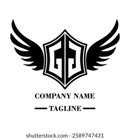 GJ A bold winged shield emblem with customizable initials A-Z. Sleek black-and-white vector, perfect for branding, sports teams, motorcycle clubs, gaming,apparel and High-quality
