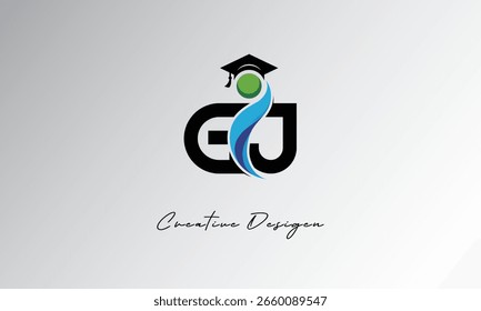 GJ Creative Letter Logo com Boné de Graduação e Abstrato Humano - Educação Moderna e Aprendizagem Símbolo Design	