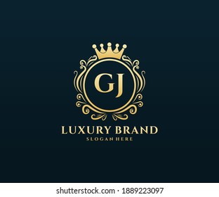 GJ Initial Letter Gold calligraphic feminine floral hand drawn heraldic monogram antique vintage style luxury logo design.