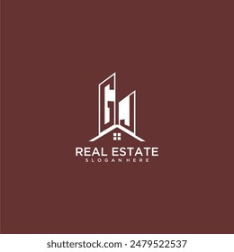 GJ monograma inicial de construcción y logotipo de techo para bienes raíces