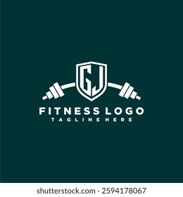 GJ initial monogram for fitnes or gym logo with creative shield and barbell design