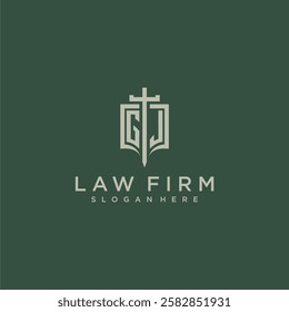 GJ initial monogram for law firm with sword and shield logo image
