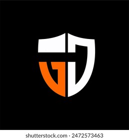GJ letter logo design with shield concept with hammer on negative space..
