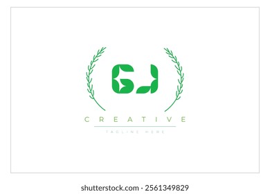 GJ letters eco logo with leaf. Fresh nature and healthy leaf logo design.