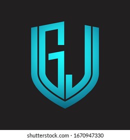 GJ Logo monogram with emblem shield design isolated with blue colors on black background