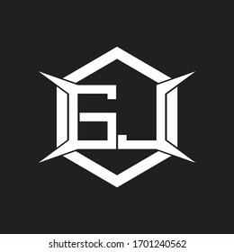 Monograma del logotipo GJ con hexágono y plantilla de diseño de cuatro ejes