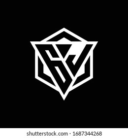 Monograma del logotipo de GJ con combinación de formas triángulo y hexágono aislado en colores dorados y blancos