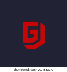 Logo del monograma GJ. Letra g, letra j icono tipográfico aislado en fondo oscuro. Iniciales de alfabeto. Firma de caracteres superpuestos. Diseño moderno, geométrico, corporativo, símbolo de letras rojas de estilo tecnológico.