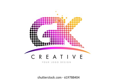 GK G K Dots Letter Logo Design with Magenta Bubble Circles and Swoosh