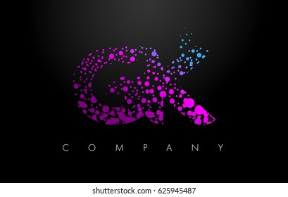GK G K Letter Logo with Purple Blue Particles and Bubble Dots Design Vector.