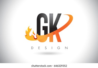GK G K Letter Logo Design with Fire Flames and Orange Swoosh Vector Illustration.